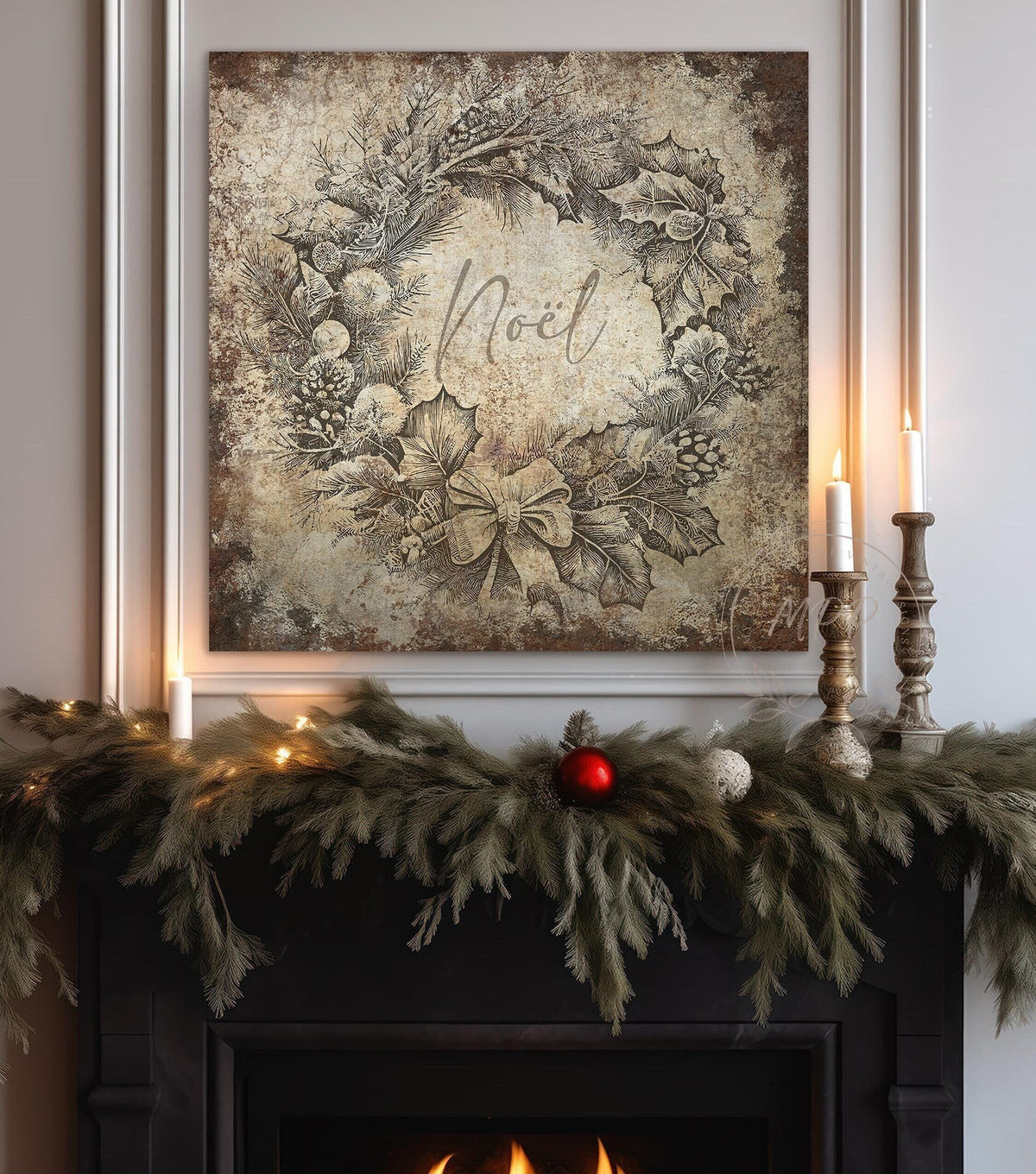 VINTAGE CHRISTMAS Sign Noel Wreath Square Distressed Canvas Farmhouse Decor Large Rustic Art Print