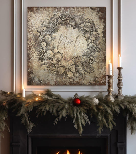 VINTAGE CHRISTMAS Sign Noel Wreath Square Distressed Canvas Farmhouse Decor Large Rustic Art Print