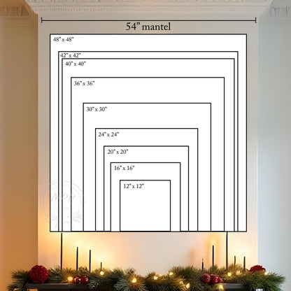 a wall with a large, square-shaped frame containing a series of smaller images arranged in a grid-like pattern. The images vary in size, ranging from 12" to 36" in width. The frame is set against a backdrop of holiday decorations, including pine branches and red berries. The image does not contain any text, and the relative positions of the images to each other are consistent with a grid-like pattern.