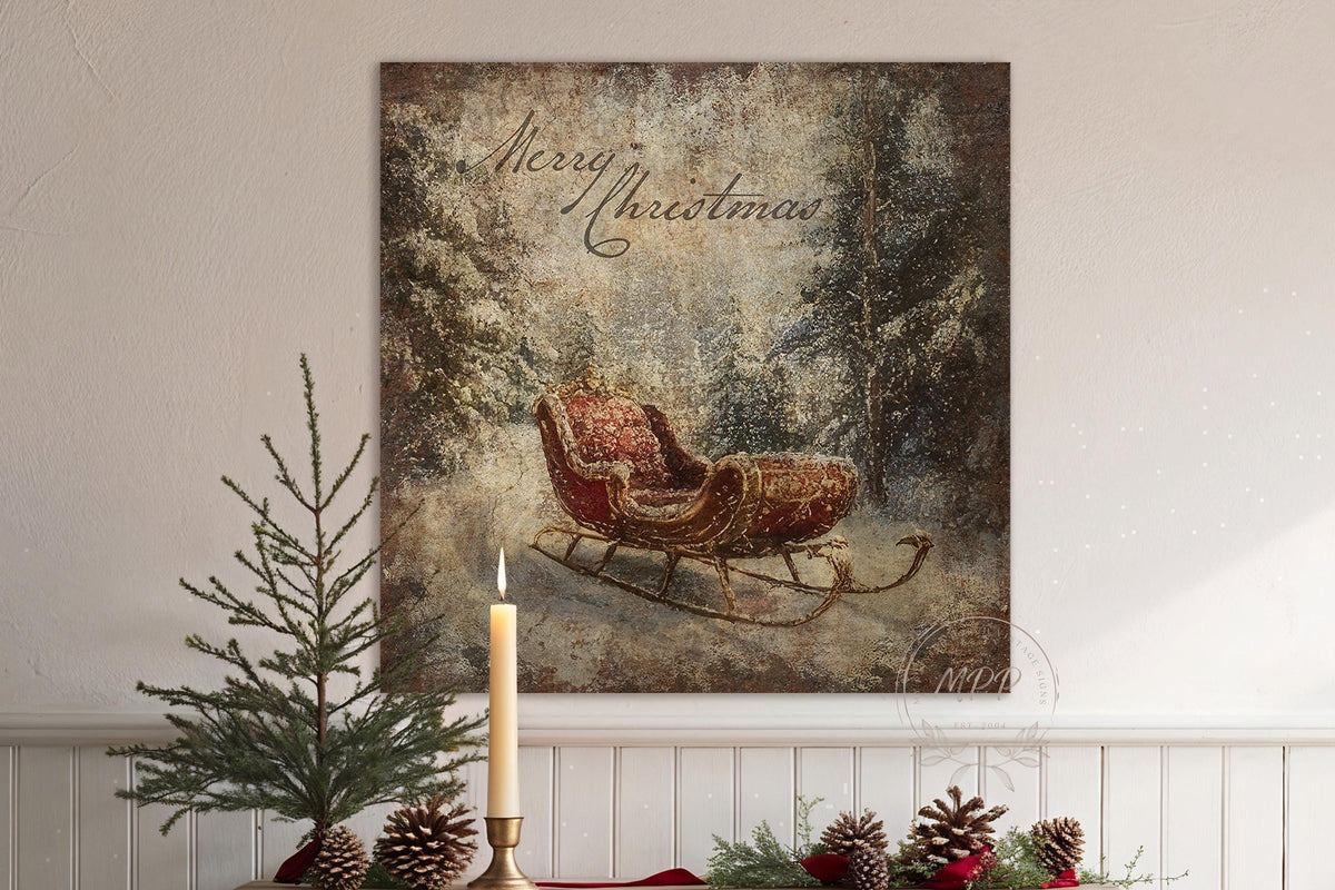 VINTAGE CHRISTMAS SLEIGH Sled Vintage Square Distressed Christmas Canvas Sign Modern Farmhouse Decor Large Canvas Rustic Wall Art Metal