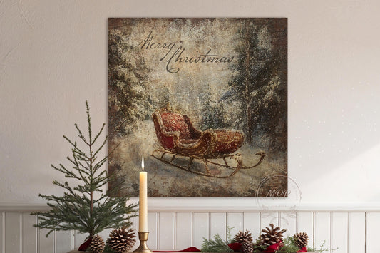 VINTAGE CHRISTMAS SLEIGH Sled Vintage Square Distressed Christmas Canvas Sign Modern Farmhouse Decor Large Canvas Rustic Wall Art Metal
