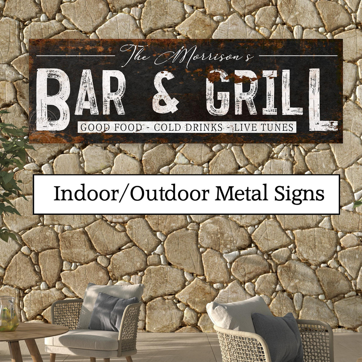 Bar & Grill Family Name Custom Outdoor Personalized Sign For Backyard Patio Deck Pool