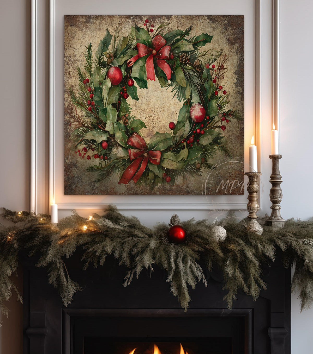 VINTAGE CHRISTMAS Sign Wreath Wall Art Modern Farmhouse Decor Large Canvas Rustic Print