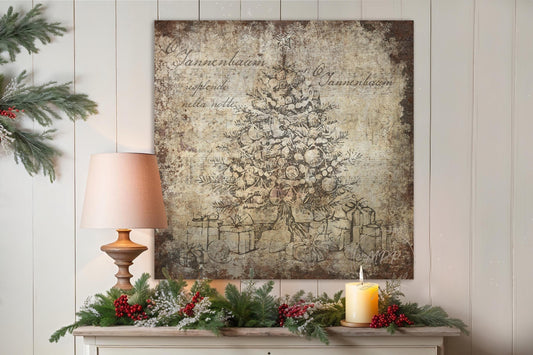Vintage Christmas Sign O TANNENBAUM Tree Wall Art Print Over The Mantel Large Rustic Holiday Decor