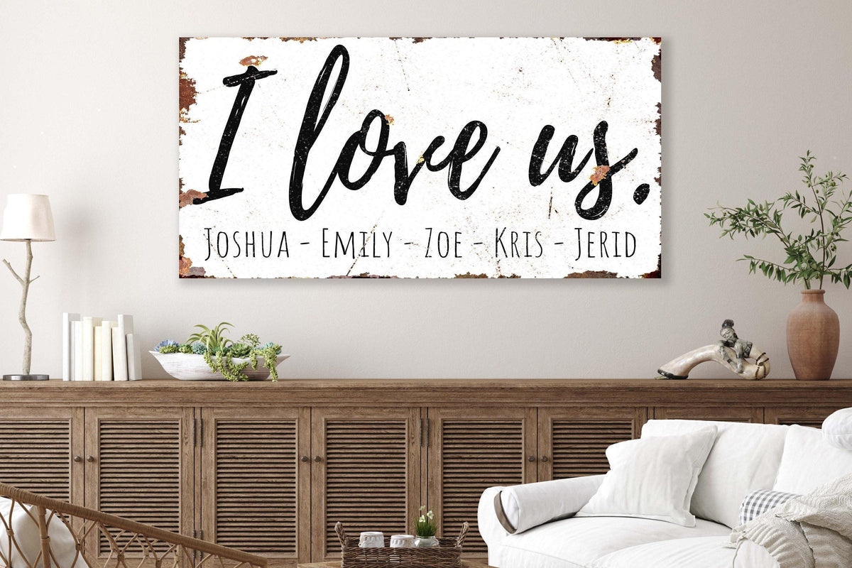 I Love Us Family Sign Personalized Modern Farmhouse Decor Vintage Bedroom Large Rustic Canvas