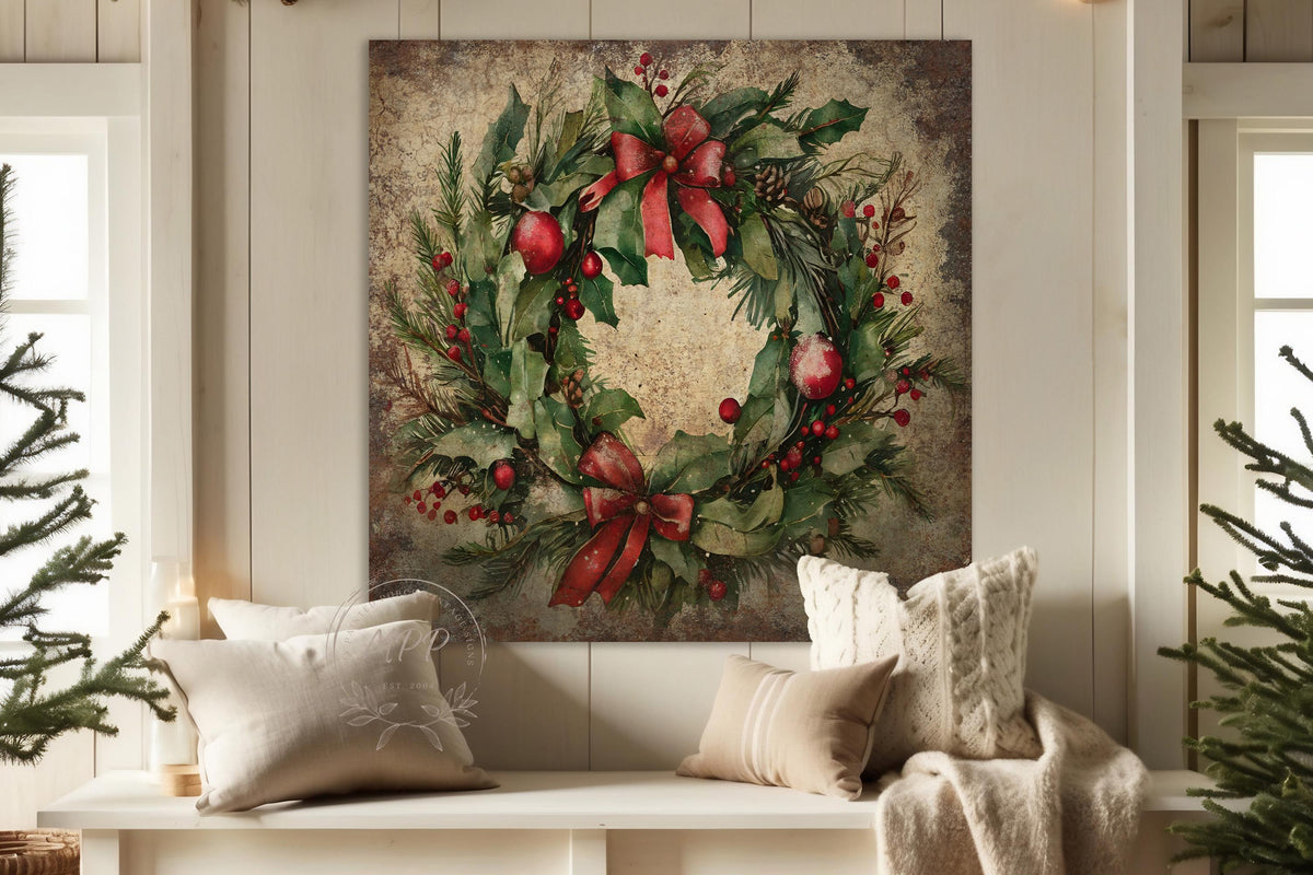 VINTAGE CHRISTMAS Sign Wreath Wall Art Modern Farmhouse Decor Large Canvas Rustic Print
