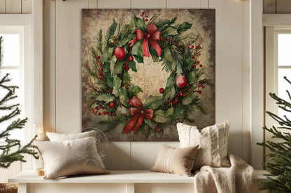 VINTAGE CHRISTMAS Sign Wreath Wall Art Modern Farmhouse Decor Large Canvas Rustic Print