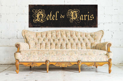 Hotel de Paris Sign Vintage Black Distressed Rustic Wall Art French Bathroom Guest Room Decor