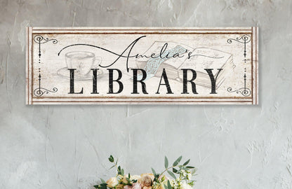 Personalized LIBRARY Name Sign Wall Decor Vintage Custom Reading Nook Or Corner Canvas