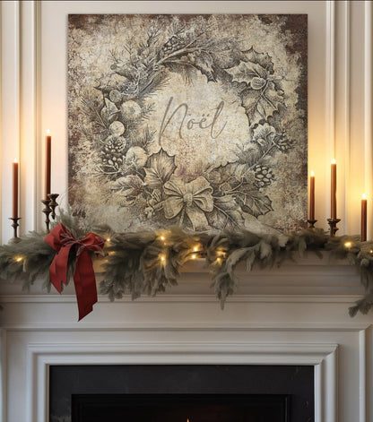 VINTAGE CHRISTMAS Sign Noel Wreath Square Distressed Canvas Farmhouse Decor Large Rustic Art Print