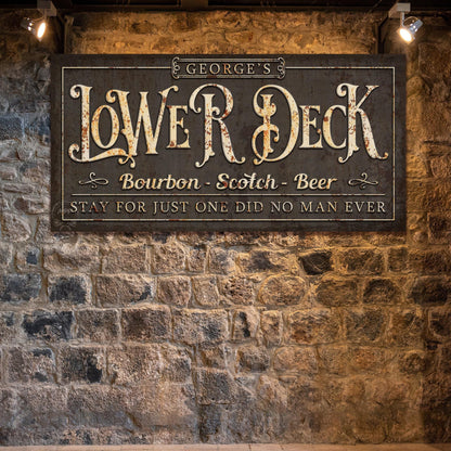 LOWER DECK Name Sign Vintage Basement Bar and Lounge Mancave Rustic Canvas Wall Art Print