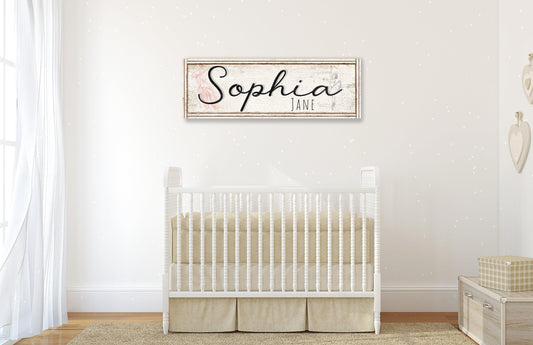 Nursery Name Sign Girl Baby Name Sign For Nursery Wall Art Girl Modern Farmhouse Wall Decor Custom Personalized Girl Name Sign Large Wall Art.  Black lettering with graphic of ballerina and ballet slippers over faux distressed wood My Painted Porch.