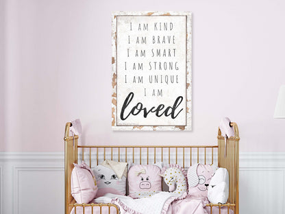 Vintage I AM LOVED Sign Of Affirmation For Nursery Modern Farmhouse Canvas Wall Art
