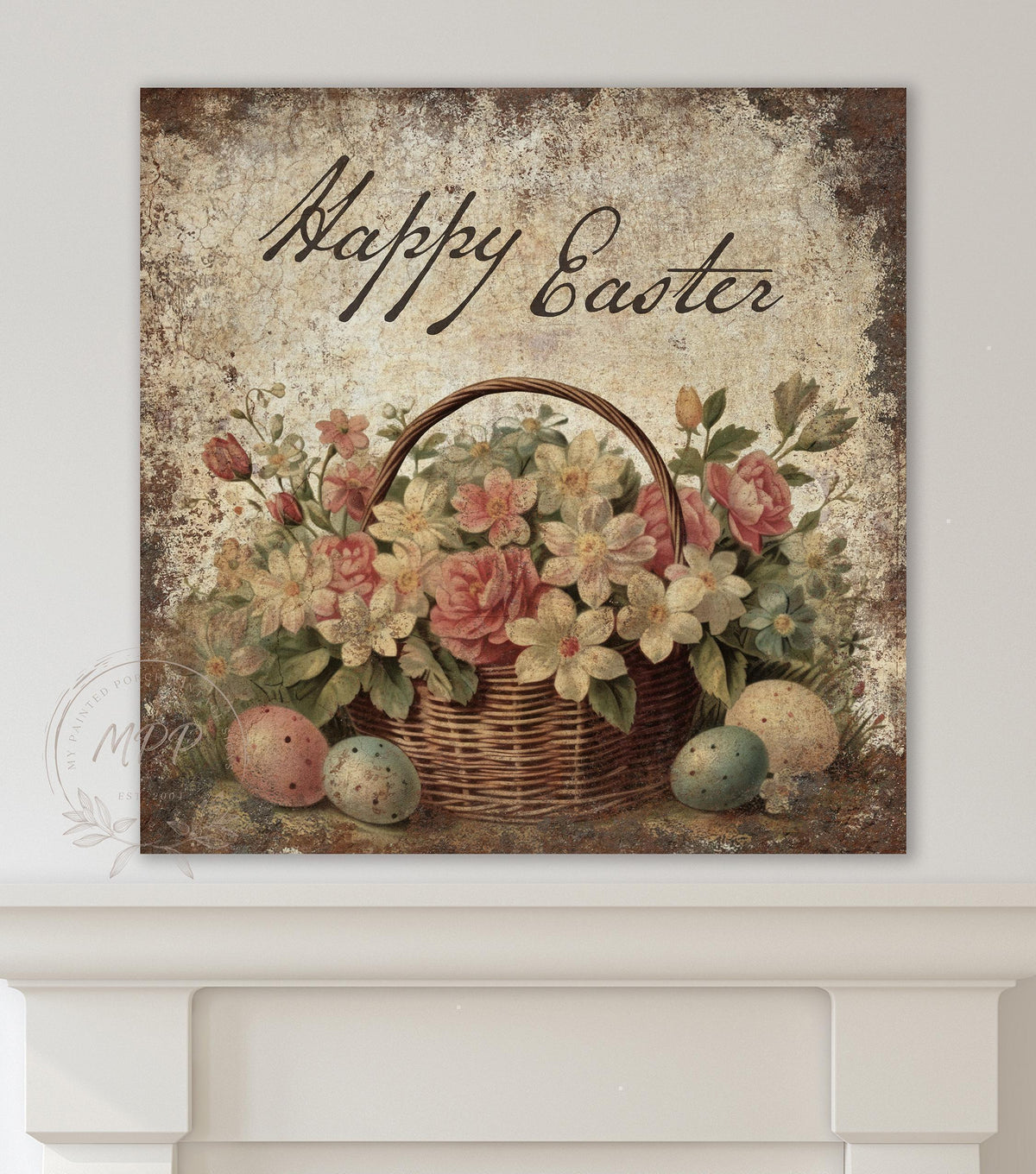Vintage EASTER Basket Sign Square Rustic Over the Mantel Canvas Wall Art