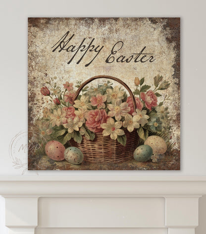 Vintage EASTER Basket Sign Square Rustic Over the Mantel Canvas Wall Art