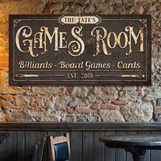 GAMES ROOM Sign PERSONALIZED Vintage Large Rustic Custom Canvas Farmhouse Basement Wall Art