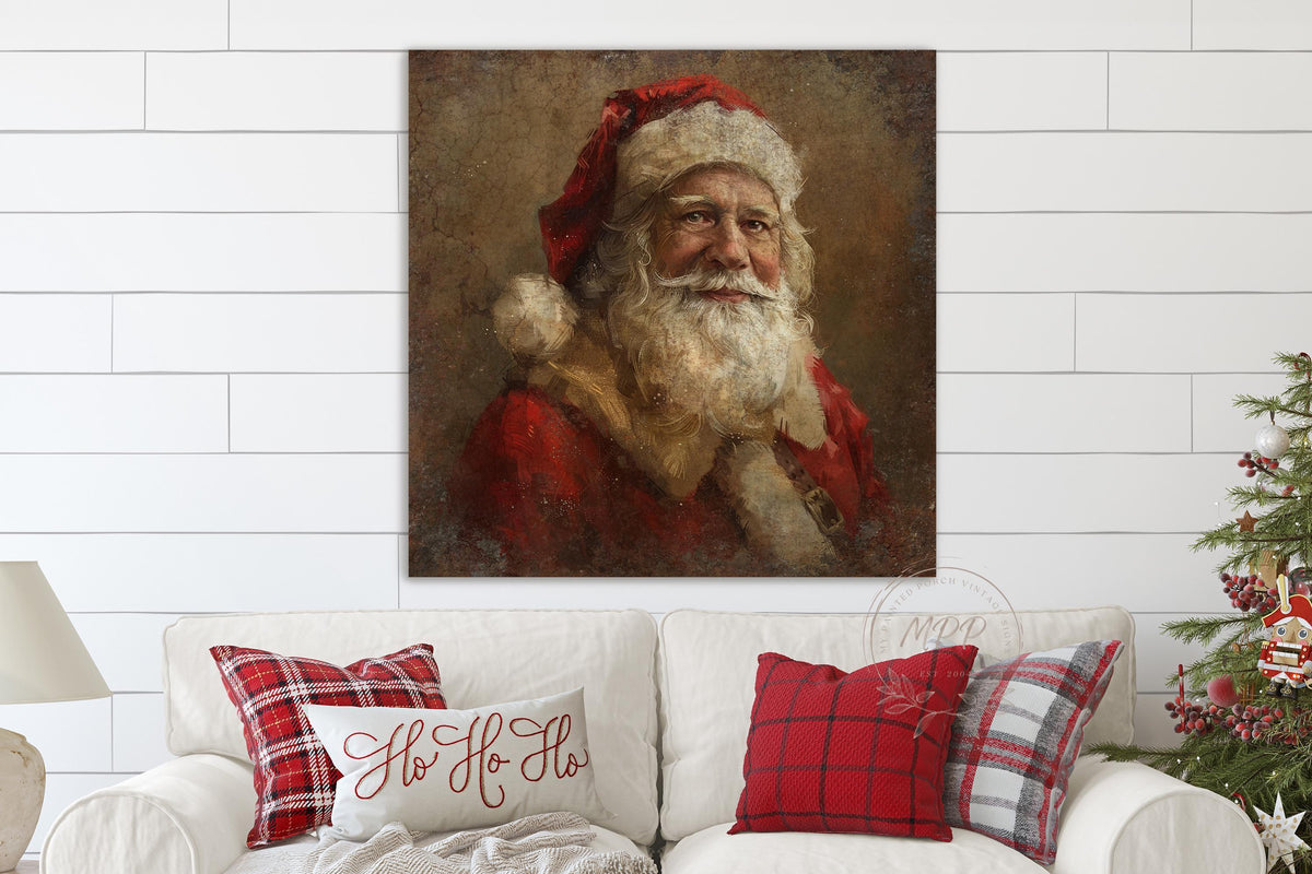 VINTAGE Christmas SANTA Clause Sign Holiday Porch Or Over the Mantel Large Canvas Wall Print