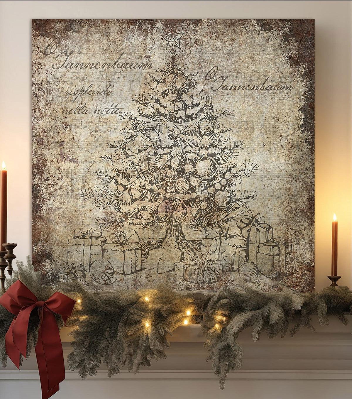 Vintage Christmas Sign O TANNENBAUM Tree Wall Art Print Over The Mantel Large Rustic Holiday Decor