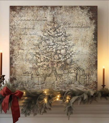 Vintage Christmas Sign O TANNENBAUM Tree Wall Art Print Over The Mantel Large Rustic Holiday Decor
