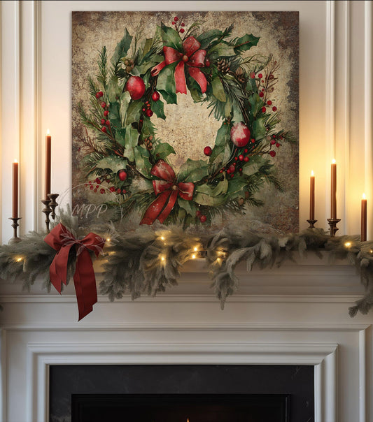 VINTAGE CHRISTMAS Sign Wreath Wall Art Modern Farmhouse Decor Large Canvas Rustic Print