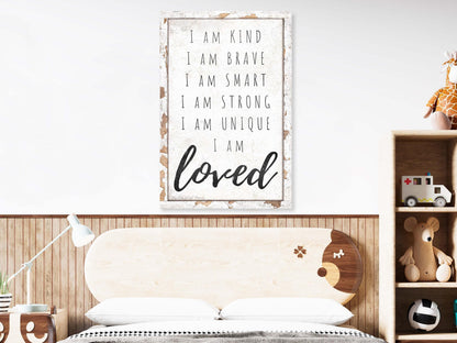 Vintage I AM LOVED Sign Of Affirmation For Nursery Modern Farmhouse Canvas Wall Art