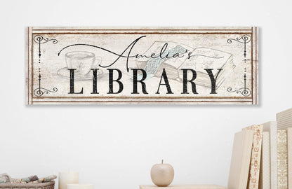Personalized LIBRARY Name Sign Wall Decor Vintage Custom Reading Nook Or Corner Canvas
