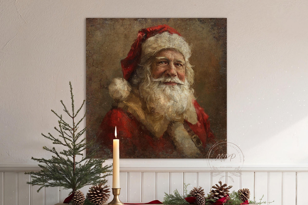 VINTAGE Christmas SANTA Clause Sign Holiday Porch Or Over the Mantel Large Canvas Wall Print