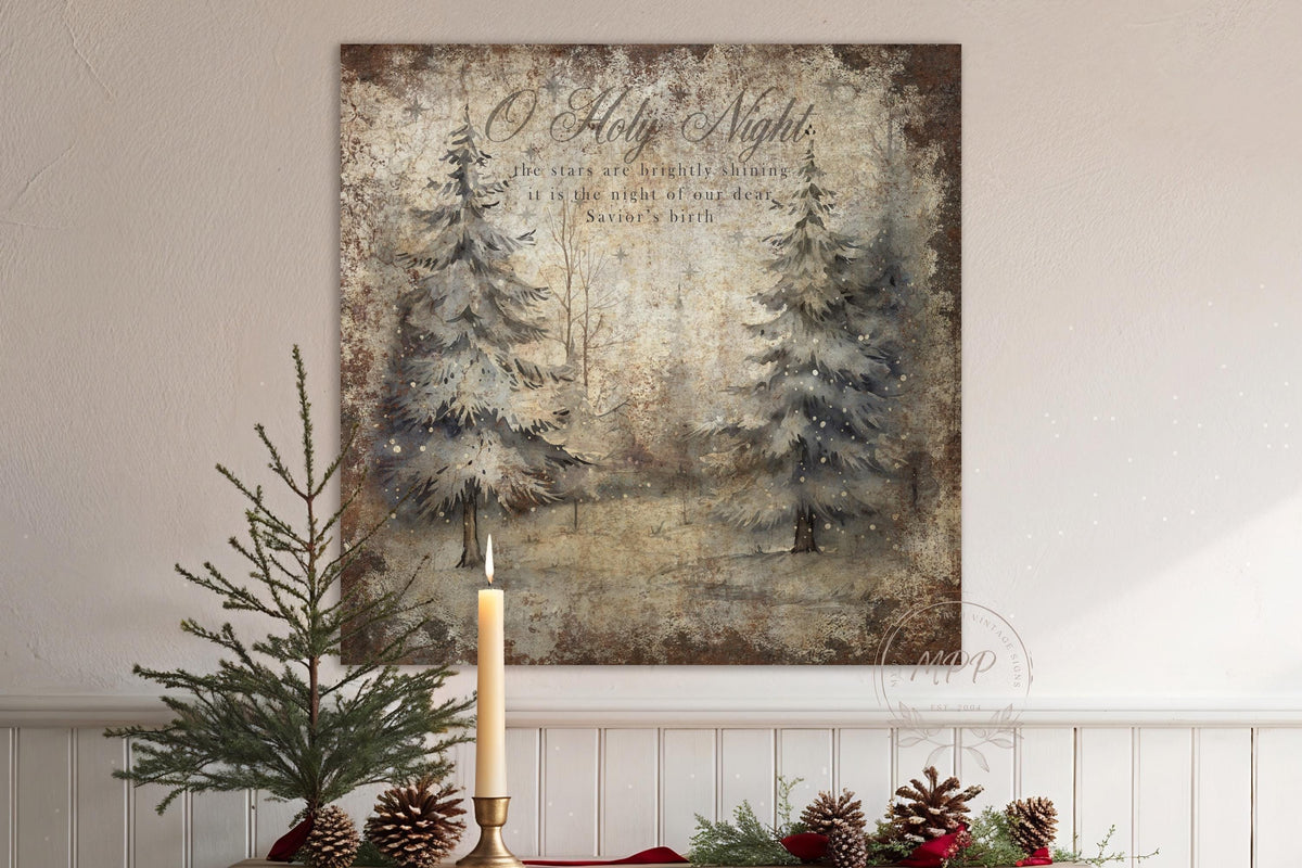 VINTAGE CHRISTMAS Wall Print Pine Forest Square Distressed Christmas Canvas Sign Modern Farmhouse Decor Large Canvas Rustic Wall Art Metal