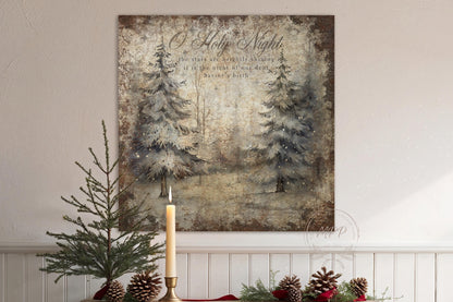 VINTAGE CHRISTMAS Wall Print Pine Forest Square Distressed Christmas Canvas Sign Modern Farmhouse Decor Large Canvas Rustic Wall Art Metal