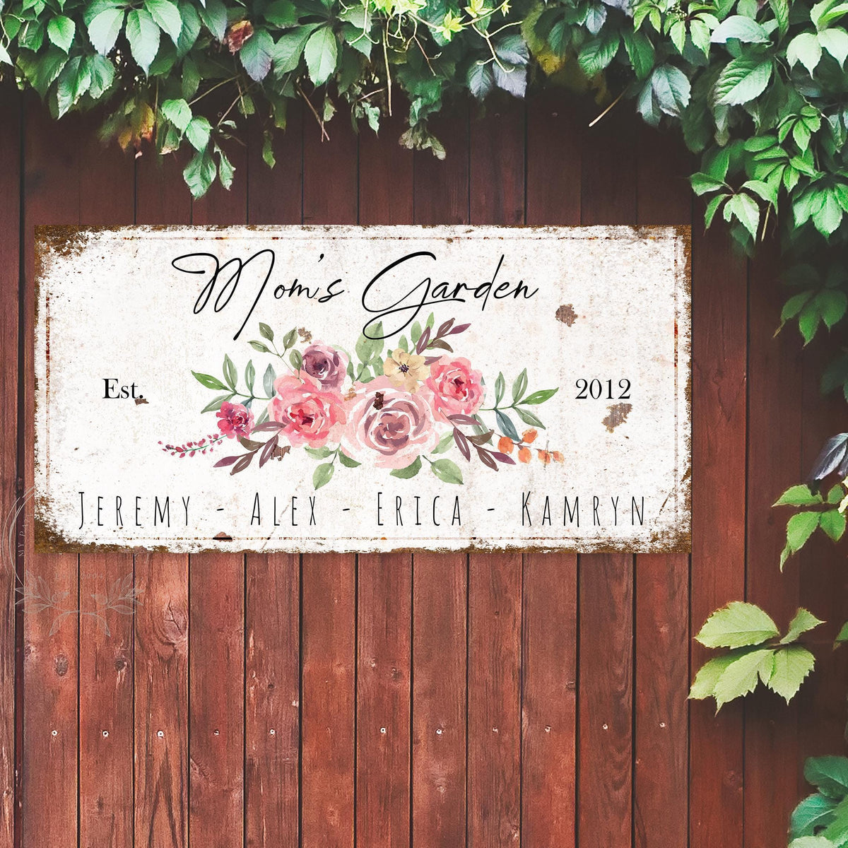 MOM Mothers Day Gift For Her Vintage Kids Names Garden Canvas Wall Art Cottage Decor