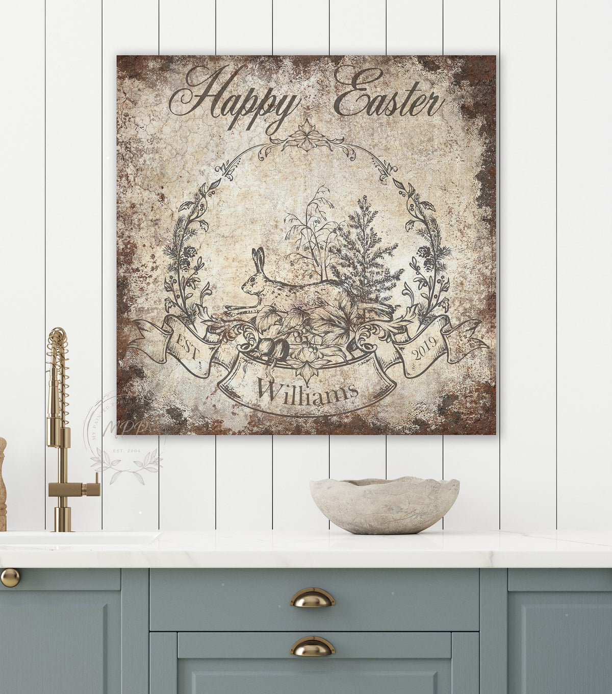 Vintage EASTER Basket Wall Art WREATH Personalized Rustic Square Distressed Canvas Print