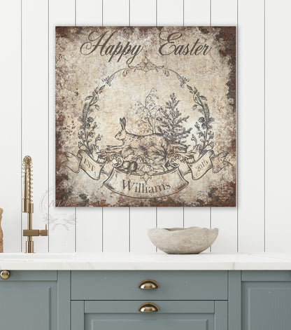 Vintage EASTER Basket Wall Art WREATH Personalized Rustic Square Distressed Canvas Print