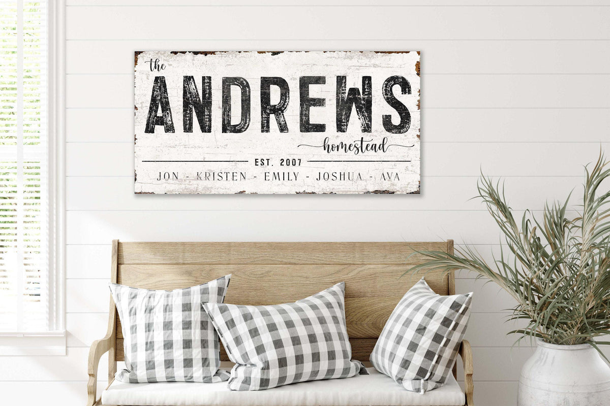 modern farmhouse, housewarming gift, 
modern minimalist, industrial wall art, 
cottagecore decor, Custom Homestead, 
Wall Decor, Home Decor, Last Name Sign,
Established Sign, Vintage Sign, Farmhouse Decor, family name sign, large canvas sign