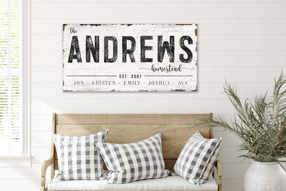 modern farmhouse, housewarming gift, 
modern minimalist, industrial wall art, 
cottagecore decor, Custom Homestead, 
Wall Decor, Home Decor, Last Name Sign,
Established Sign, Vintage Sign, Farmhouse Decor, family name sign, large canvas sign