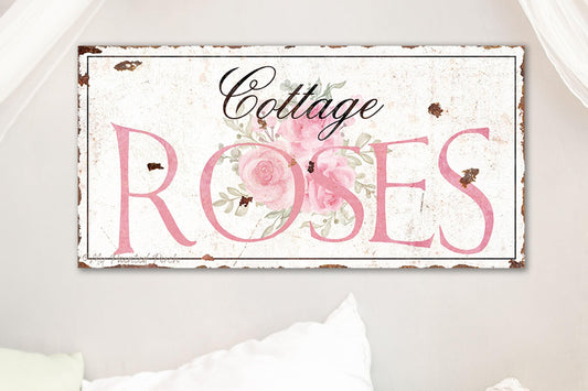 Cottage Roses Sign Vintage Cottagecore Garden Inspired Large Rustic Wall Art Print Porch Sunroom