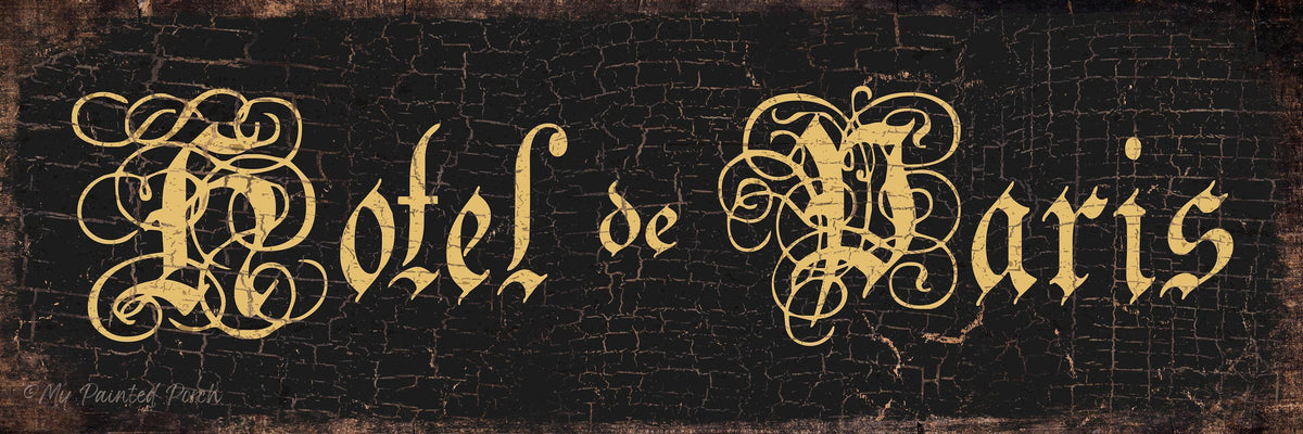 Hotel de Paris Sign Vintage Black Distressed Rustic Wall Art French Bathroom Guest Room Decor