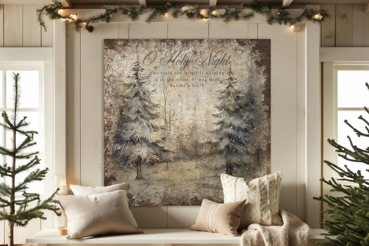 VINTAGE CHRISTMAS Wall Print Pine Forest Square Distressed Christmas Canvas Sign Modern Farmhouse Decor Large Canvas Rustic Wall Art Metal