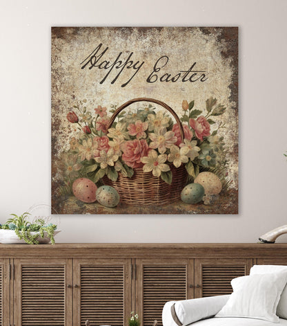 Vintage EASTER Basket Sign Square Rustic Over the Mantel Canvas Wall Art
