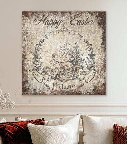 Vintage EASTER Basket Wall Art WREATH Personalized Rustic Square Distressed Canvas Print