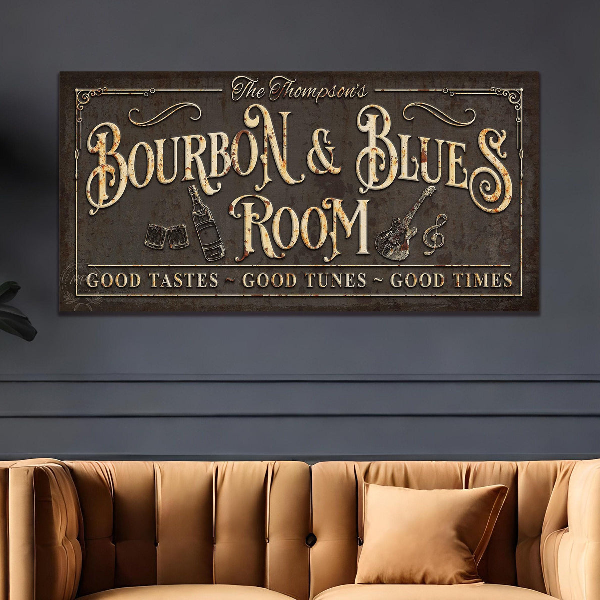 Family Name BOURBON & BLUES Sign Custom Large Rustic Vintage Basement Bar Lounge Man Cave Art Print